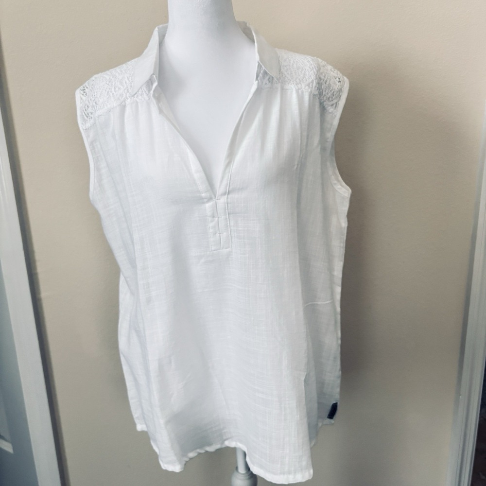 NWOT BLANC DU NIL Women's Blouse SIZE T6 (XL) Sleeveless WHITE Cotton And Lace